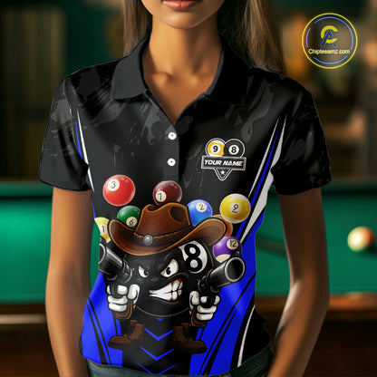 Funny 8 Ball & 9 Ball Billiard Shirt For Women Custom Black And Blue Pool Team Shirt, Billiard Jersey TDM5409