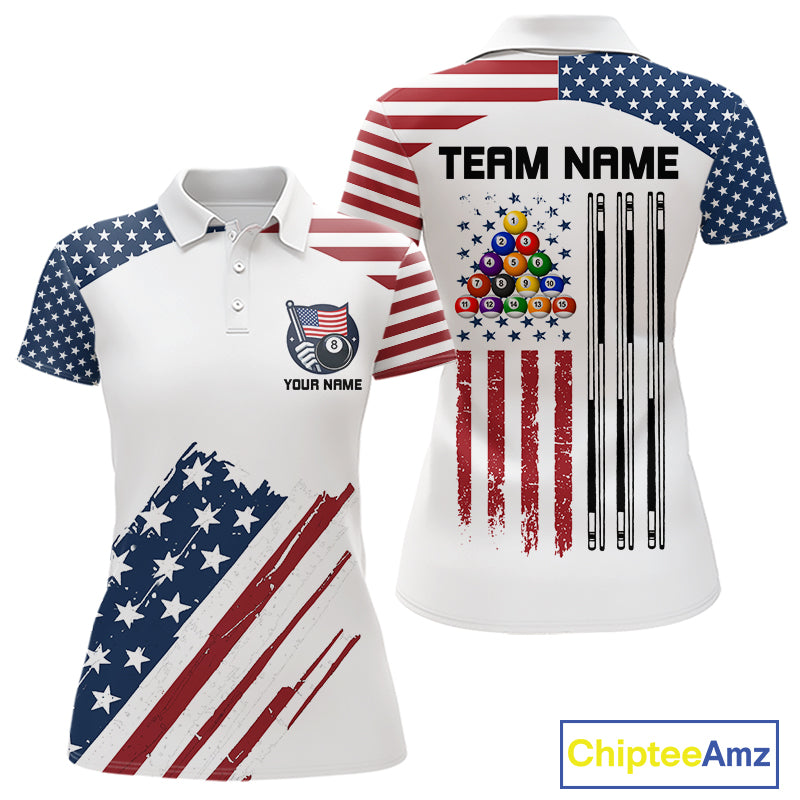 White Grunge American Flag Billiard Shirt For Women Custom Patriotic 8 Ball Pool Team Jersey TDM5687