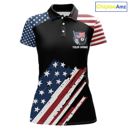 Black Grunge American Flag Billiard Shirt For Women Custom Patriotic 8 Ball Pool Team Jersey TDM5688
