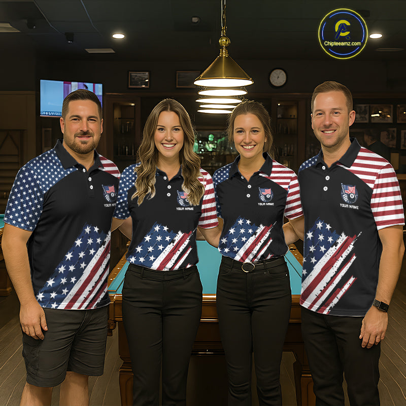 Black Grunge American Flag Billiard Shirt For Women Custom Patriotic 8 Ball Pool Team Jersey TDM5688