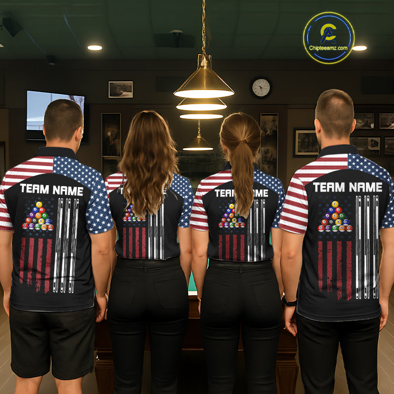 Black Grunge American Flag Billiard Shirt For Women Custom Patriotic 8 Ball Pool Team Jersey TDM5688
