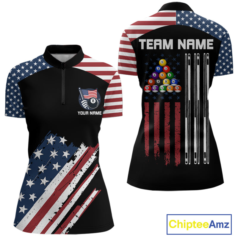 Black Grunge American Flag Billiard Shirt For Women Custom Patriotic 8 Ball Pool Team Jersey TDM5688