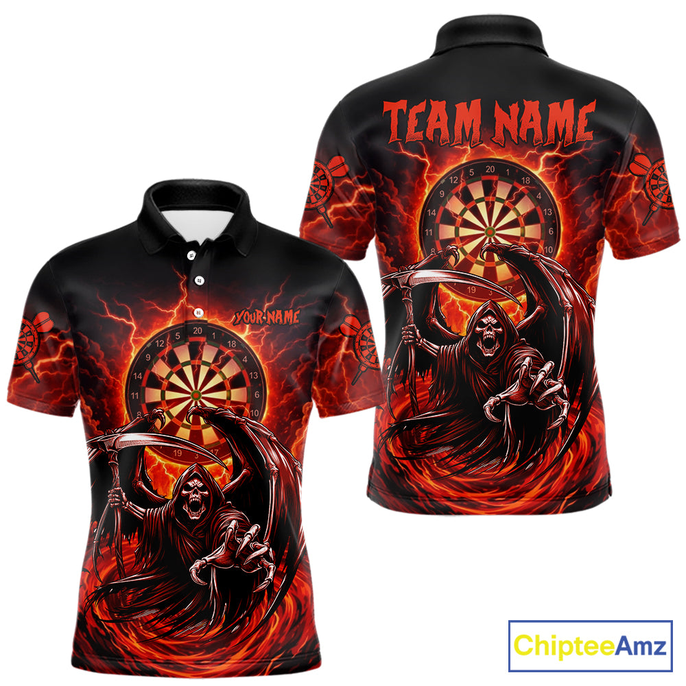 Personalized Red Grim Reaper Lightning Darts Shirt For Men, Darts Team Jersey Polo & 1/4 Zip TDM5896