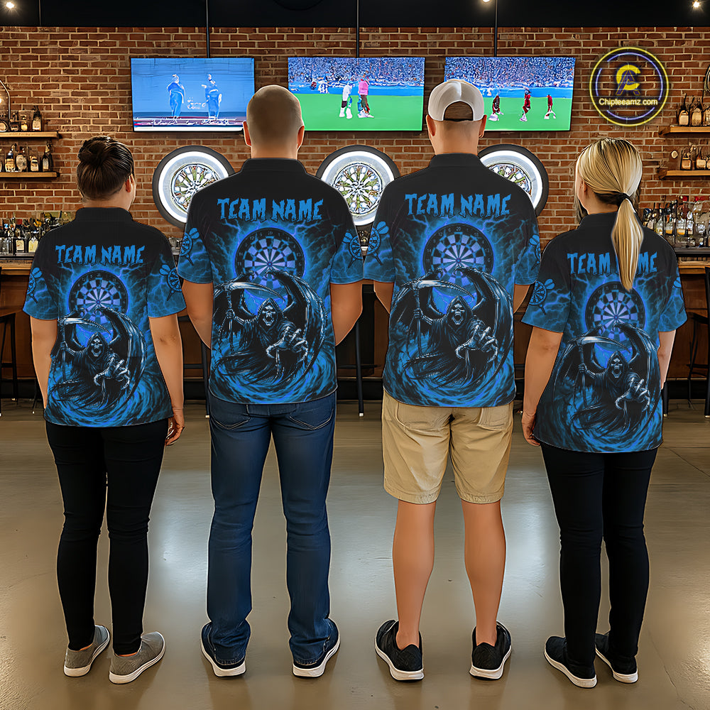 Personalized Blue Grim Reaper Lightning Darts Shirt For Men, Darts Team Jersey Polo & 1/4 Zip TDM5897