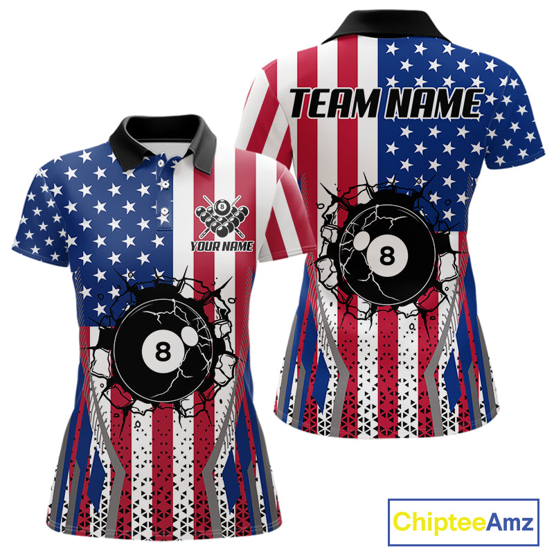 Funny Break 8 Ball Pool Billiard Shirt For Women Custom American Flag Pool Jersey Team Polo, 1/4 Zip TDM6036