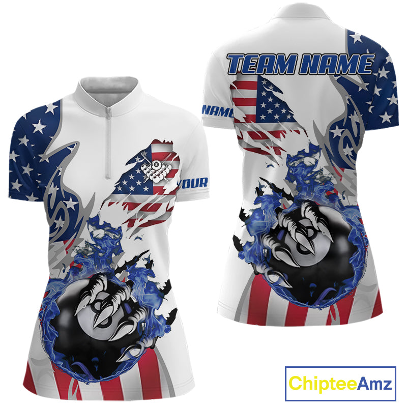 8 Ball Pool Claw American Flag Billiard Shirt For Women Custom Patriotic Billiard Team Jersey|White TDM6043