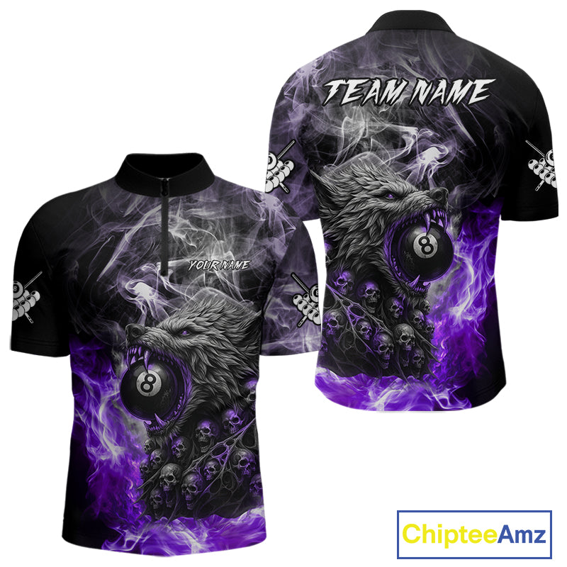 Personalized Purple 8 Ball Pool Wolf And Skull Billiard Shirt For Men, Smoke Billiard Team Jerseys TDM4159