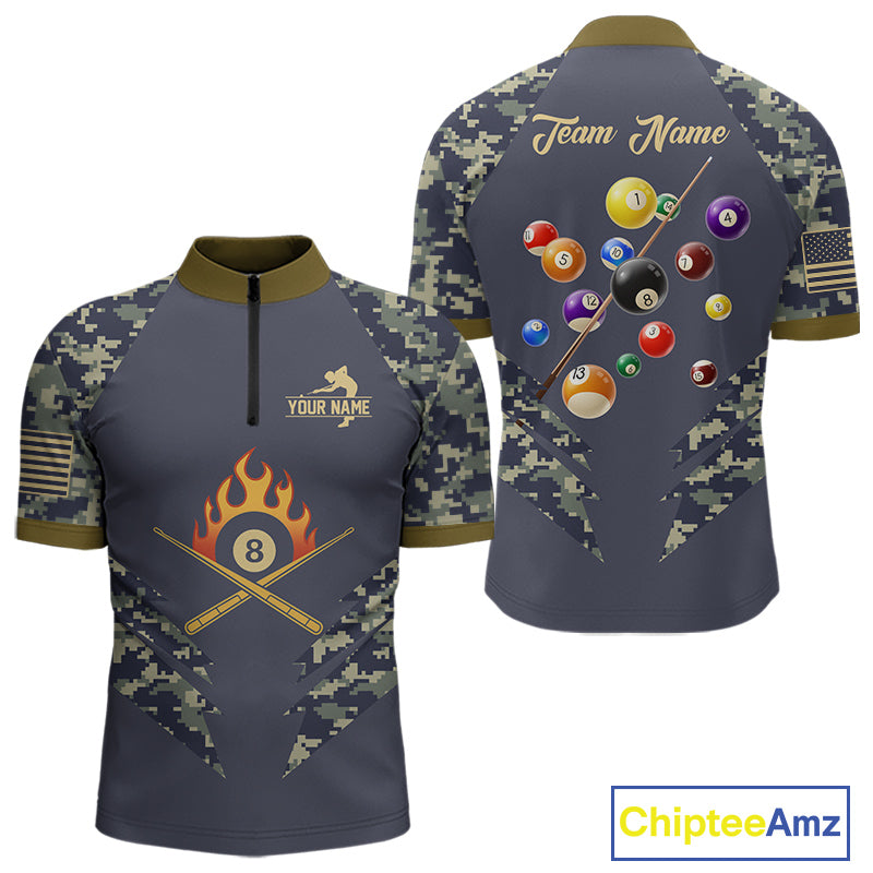 Personalized Flame 8 Ball Camo Billiard Shirts Custom Navy Blue Pool Team Jerseys Polo & 1/4 Zip TDM4332
