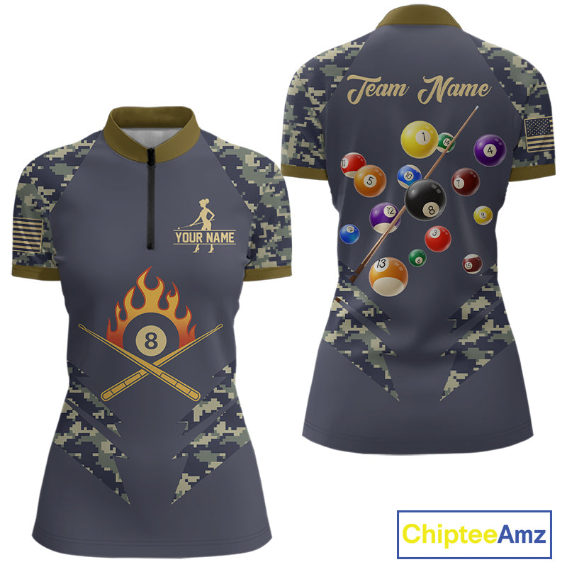 Personalized Flame 8 Ball Camo Billiard Shirts Custom Navy Blue Pool Team Jerseys Polo & 1/4 Zip TDM4332