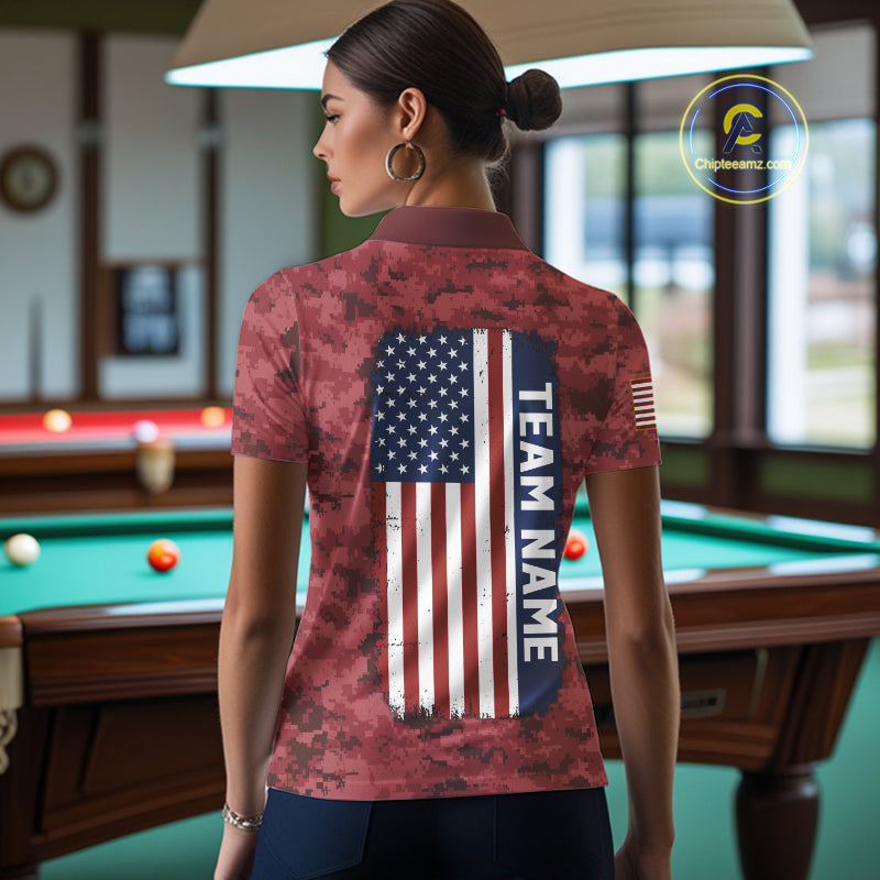 Personalized Red Camo Skull Billiard Shirt For Women Custom Patriotic US Flag Pool Team Jersey TDM5165