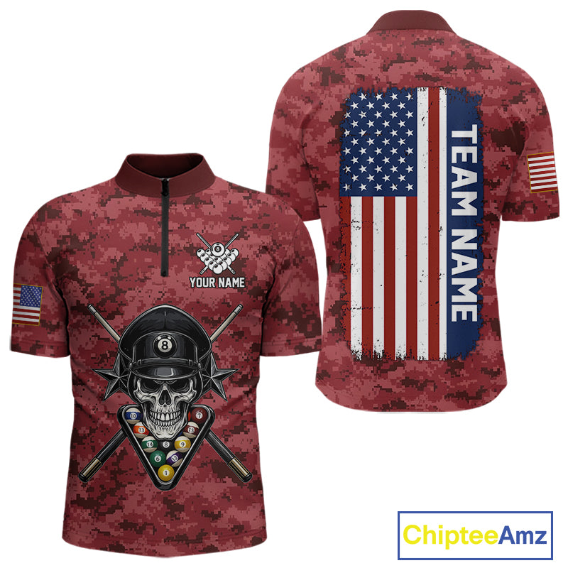 Personalized Red Camo Skull Billiard Shirt For Men Custom Patriotic US Flag Pool Team Jersey TDM5165