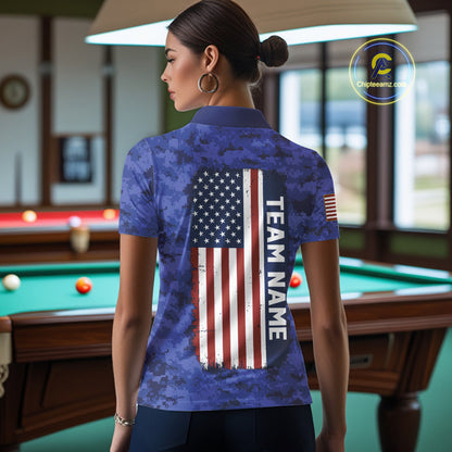 Personalized Blue Camo Skull Billiard Shirt For Women Custom Patriotic US Flag Pool Team Jersey TDM5166