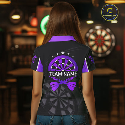 Black And Purple Darts Jersey For Women Custom Team Polo & Quarter Zip Darts Shirt Uniform TDM5412
