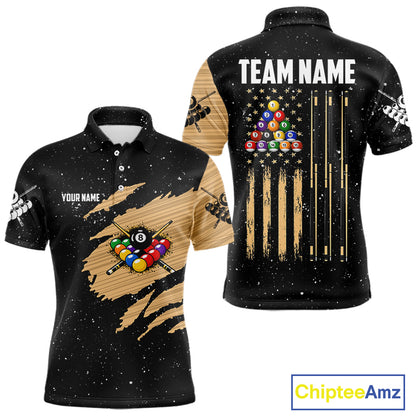 Custom Grunge American Flag 8 Ball Billiard Polo & 1/4 Zip For Men, Pool Team Jersey |Beige TDM5901