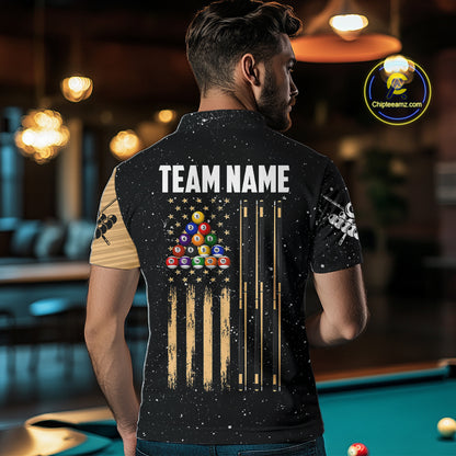 Custom Grunge American Flag 8 Ball Billiard Polo & 1/4 Zip For Men, Pool Team Jersey |Beige TDM5901
