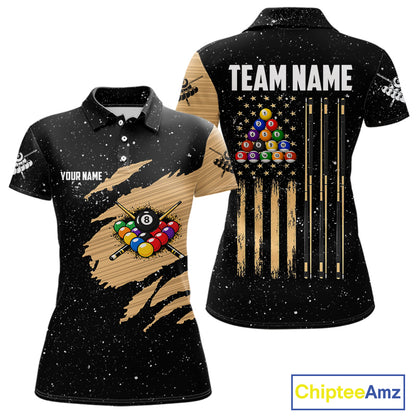 Custom Grunge American Flag 8 Ball Billiard Polo & 1/4 Zip For Women, Pool Team Jersey |Beige TDM5901
