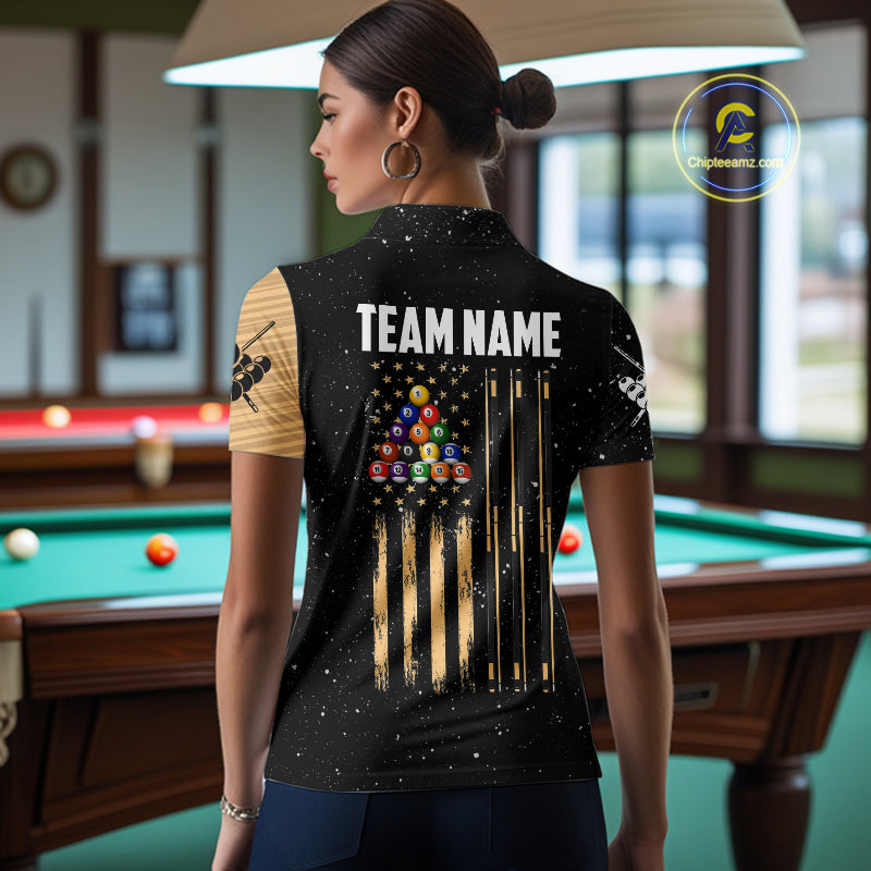 Custom Grunge American Flag 8 Ball Billiard Polo & 1/4 Zip For Women, Pool Team Jersey |Beige TDM5901
