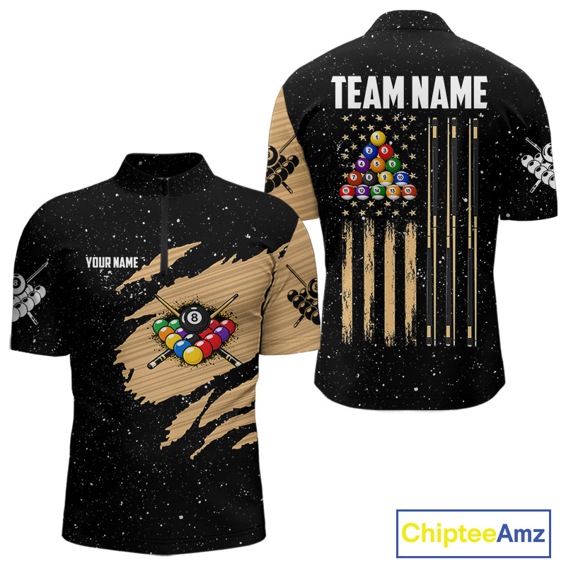 Custom Grunge American Flag 8 Ball Billiard Polo & 1/4 Zip For Men, Pool Team Jersey |Beige TDM5901