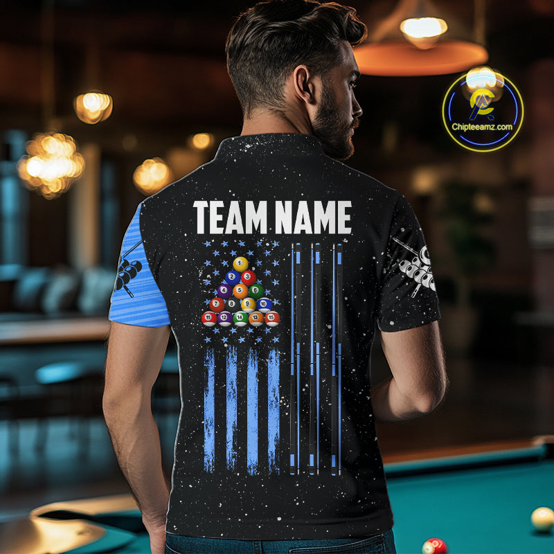 Custom Grunge American Flag 8 Ball Billiard Polo & 1/4 Zip For Men, Pool Team Jersey |Blue TDM5902