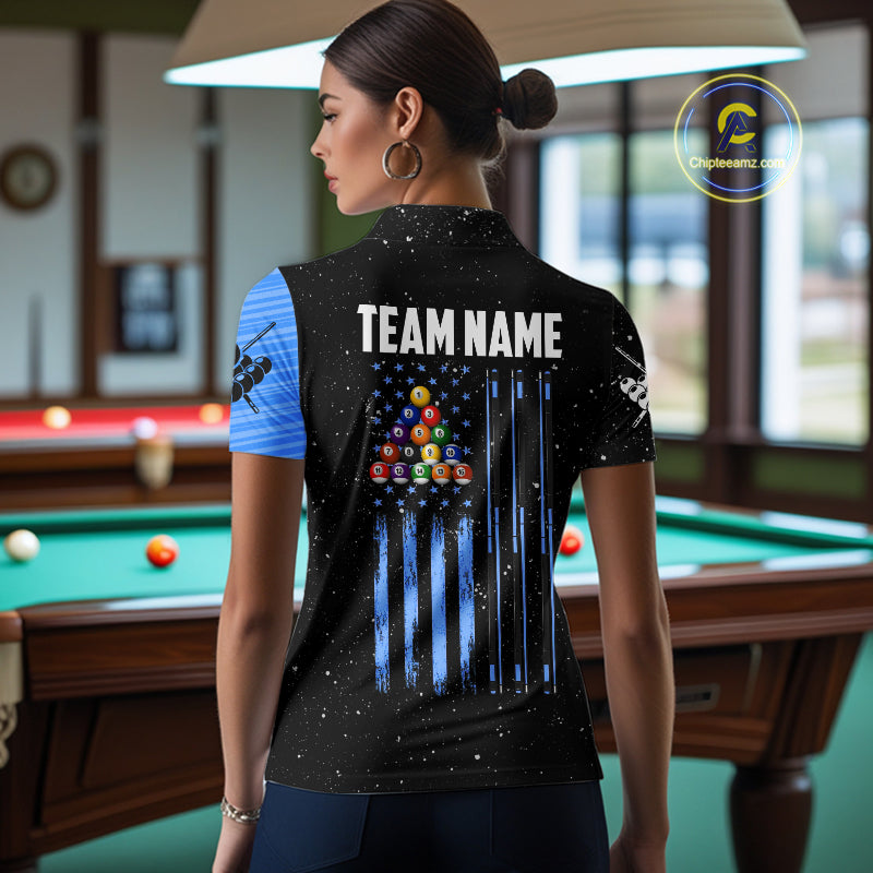 Custom Grunge American Flag 8 Ball Billiard Polo & 1/4 Zip For Women, Pool Team Jersey |Blue TDM5902