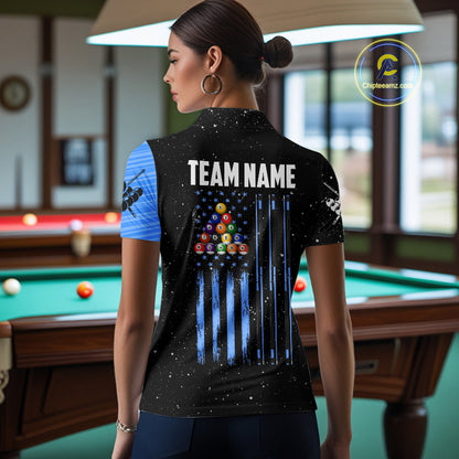 Custom Grunge American Flag 8 Ball Billiard Polo & 1/4 Zip For Women, Pool Team Jersey |Blue TDM5902