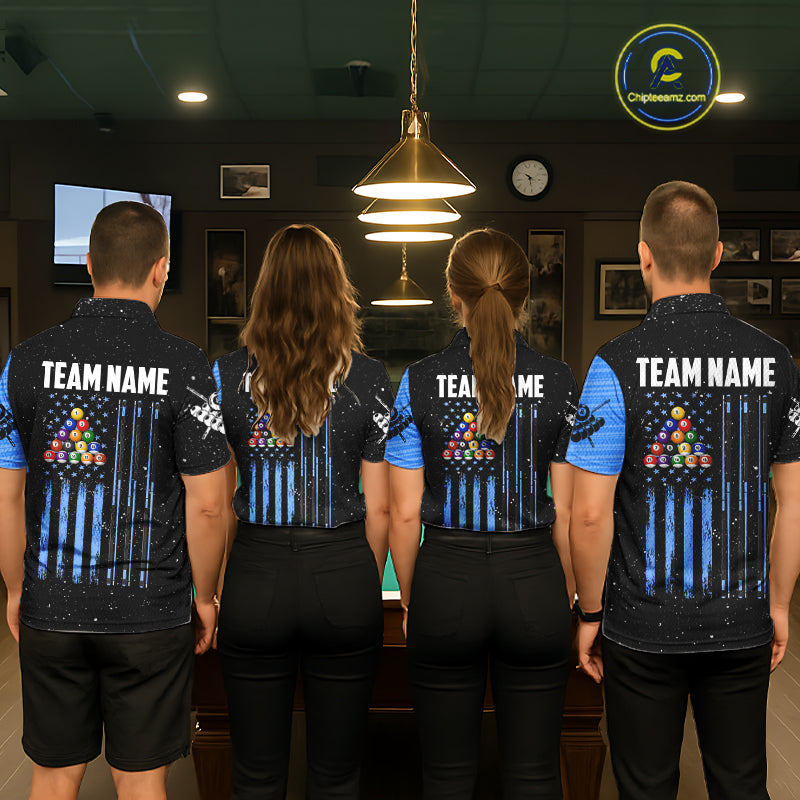 Custom Grunge American Flag 8 Ball Billiard Polo & 1/4 Zip For Women, Pool Team Jersey |Blue TDM5902
