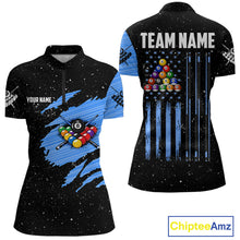Load image into Gallery viewer, Custom Grunge American Flag 8 Ball Billiard Polo &amp; 1/4 Zip For Women, Pool Team Jersey |Blue TDM5902