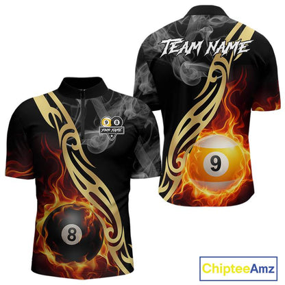 8 Ball & 9 Ball Flame Smoke Tribal Billiard Shirt For Men Custom Pool Team Jersey Polo & 1/4 Zip TDM5907