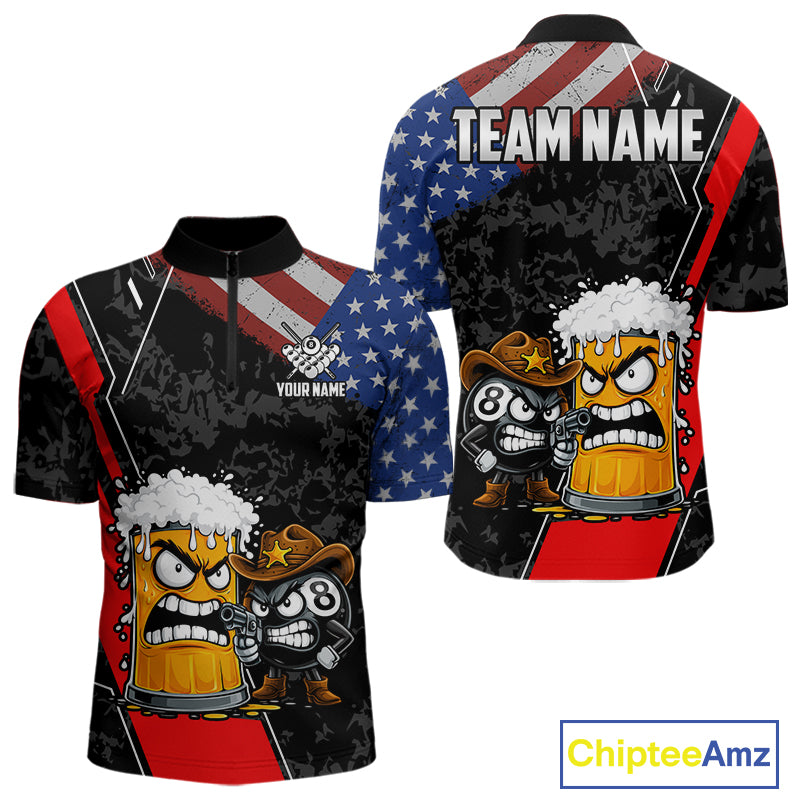 Funny Beer US Flag 8 Ball Pool Billiard Shirt For Men Custom Billiard Team Jersey Polo & 1/4 Zip TDM6047