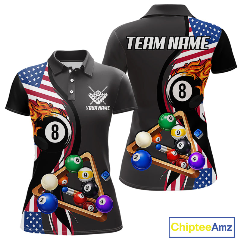 Personalized American Flag Pool Balls Billiard Shirt For Women, 8 Ball Jersey Team Polo & 1/4 Zip TDM6050