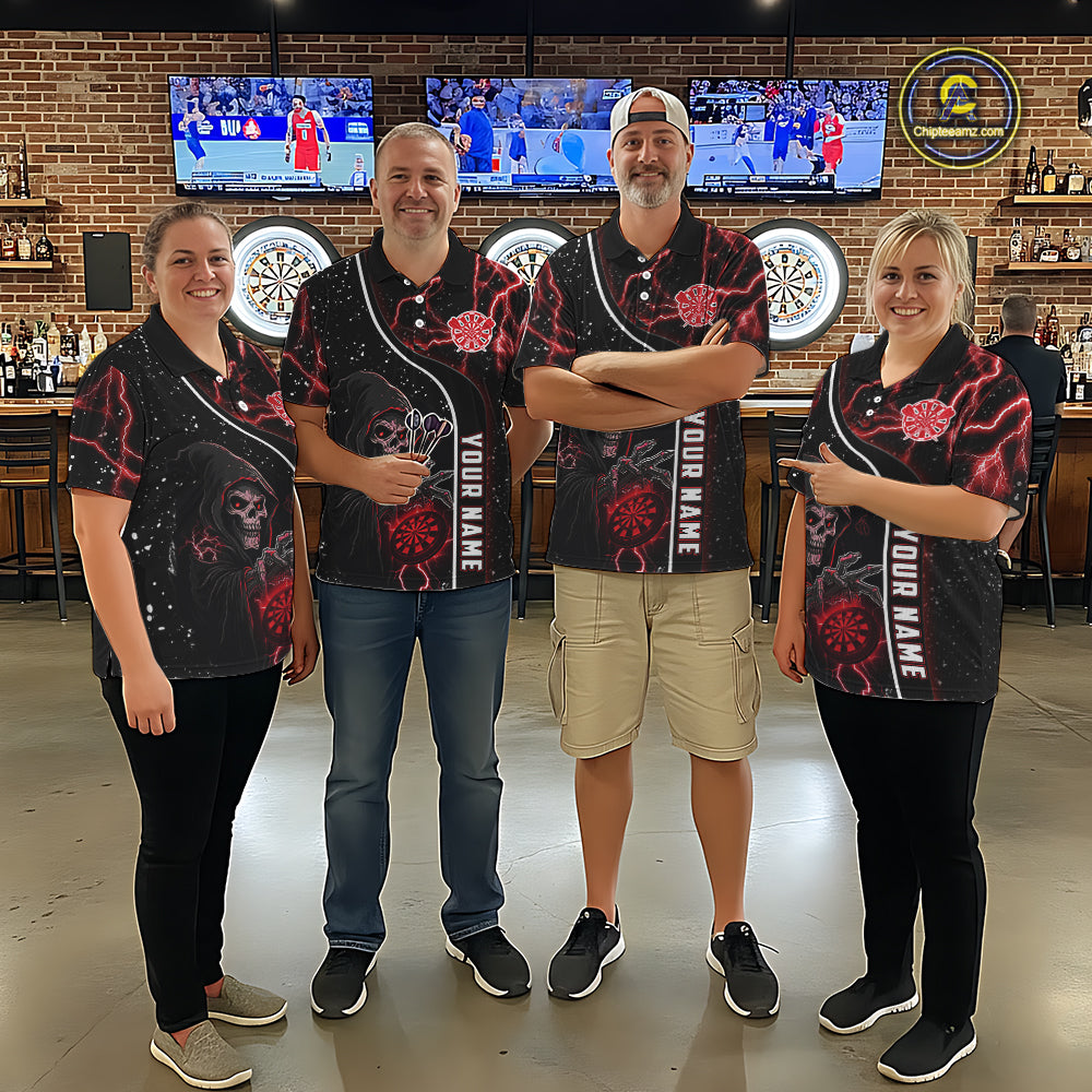 Personalized Red Darts Lightning Grim Reaper Polo & 1/4 Zip, Darts Shirt For Men, Dart Team Jersey TDM6307
