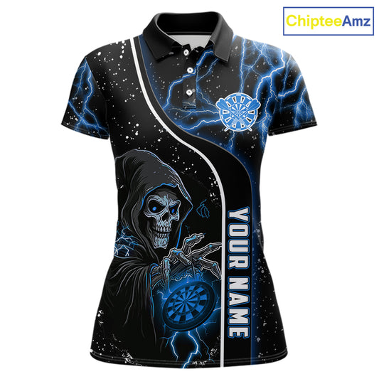 Custom Blue Darts Lightning Grim Reaper Polo & 1/4 Zip, Darts Shirt For Women, Darts Team Jersey TDM6308