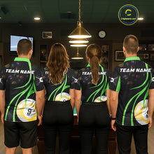 Load image into Gallery viewer, Back view of pool players wearing matching green billiard shirts in a game room.