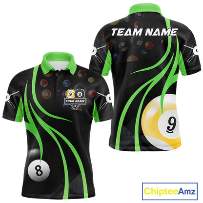 Green 8 ball and 9 ball billiard polo shirt for men with custom pool team graphics.