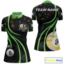 Load image into Gallery viewer, Green 8 ball and 9 ball billiard quarter zip shirt for women built for tournaments and league competition.