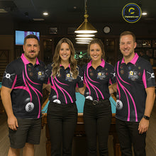 Load image into Gallery viewer, Pool team wearing matching pink 8 ball and 9 ball billiard jerseys during league matches front view.