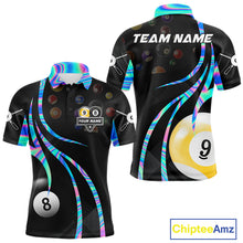 Load image into Gallery viewer, Holographic 8 ball and 9 ball billiard polo shirt for men with custom pool team graphics.