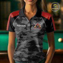 Load image into Gallery viewer, Woman wearing a grey camouflage American flag 8 ball billiard jersey beside a pool table front view.