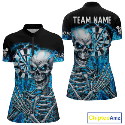 Blue Flaming Lightning Skeleton Darts Shirt For Women Custom Darts Jersey Team Polo & Quarter Zip TDM4344