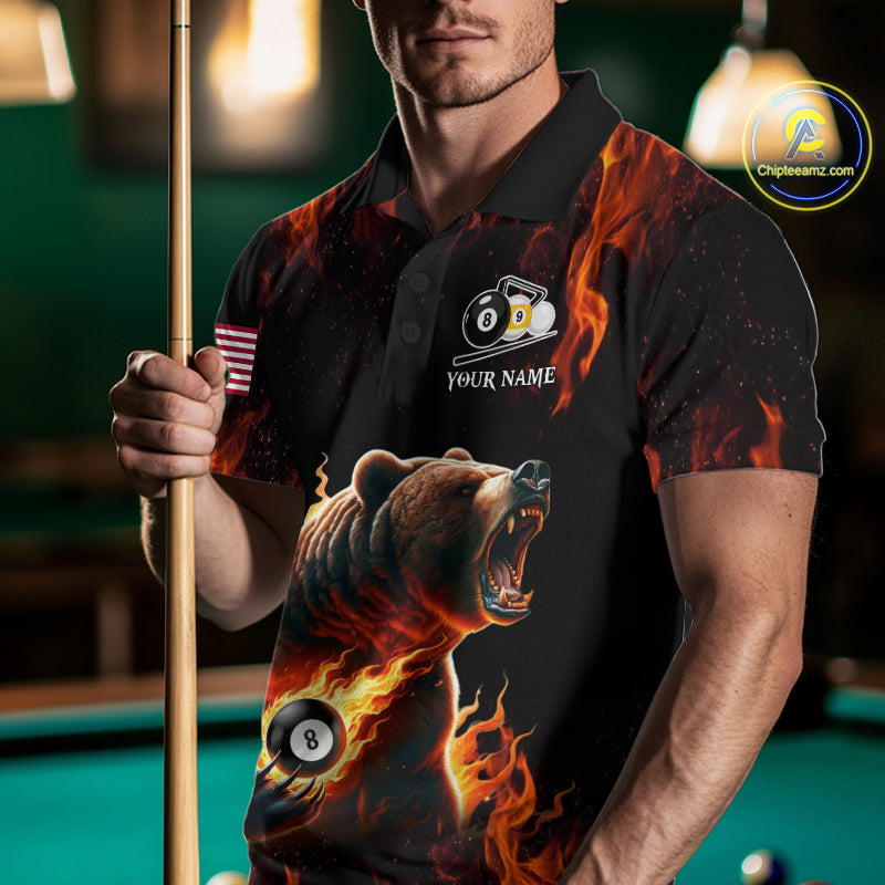 Man wearing custom funny bear 8 ball and 9 ball pool fire flame billiard team jersey polo shirt featuring the colorful bear artwork, front view.
