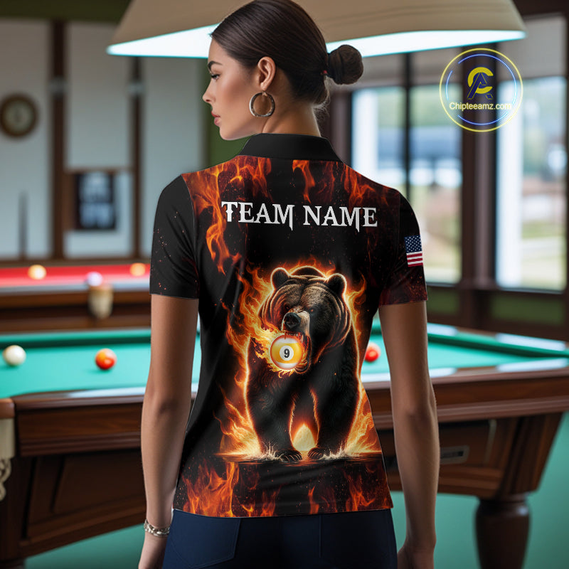 Woman wearing custom funny bear 8 ball and 9 ball pool fire flame billiard team jersey polo shirt featuring the colorful bear artwork, back view.