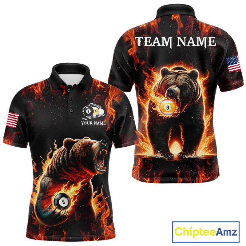 Custom funny bear 8 ball and 9 ball pool fire flame billiard team jersey polo shirt for men featuring a colorful flaming bear design, premium custom pool league apparel for tournaments.