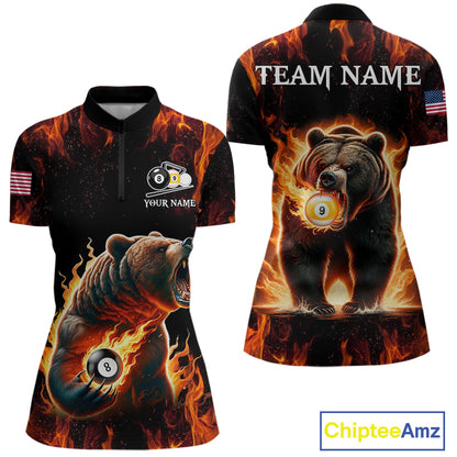 Custom funny bear 8 ball and 9 ball pool fire flame billiard team jersey quarter zip shirt for women featuring vibrant fire bear artwork and premium league styling.