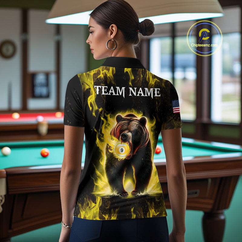 Billiard team wearing matching custom yellow flaming 9 ball pool bear team jerseys featuring the bold fire bear design, front view.