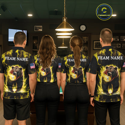 Billiard team wearing matching custom yellow flaming 9 ball pool bear team jerseys featuring the bold fire bear design, back view.