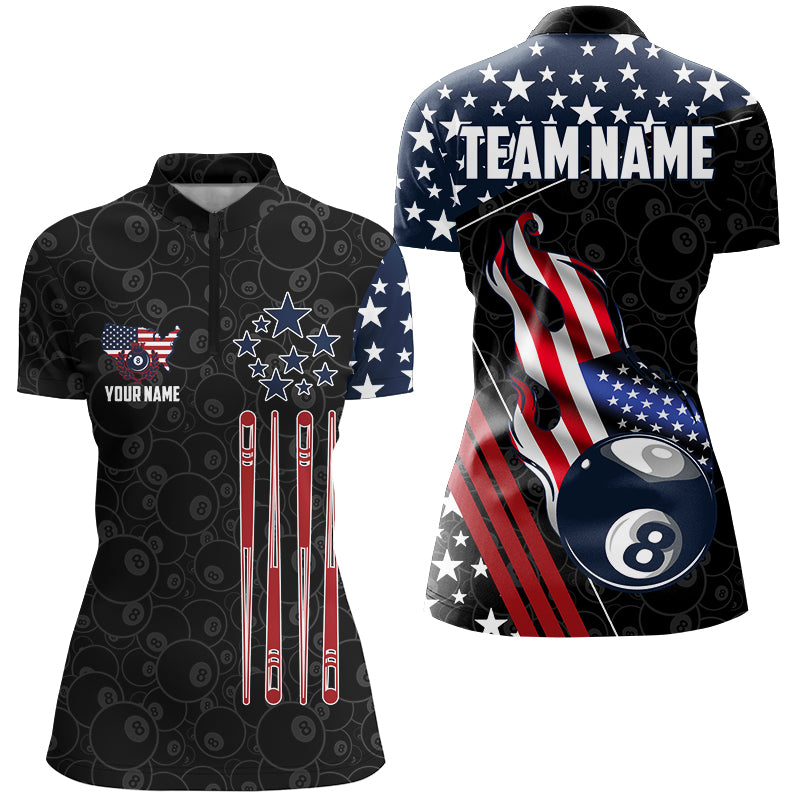 Personalized American Flag Ball 8 Pattern Women Billiard Shirts, Patriotic Billiard Jerseys | Black TDM2717