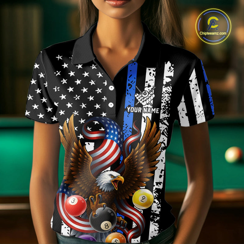 Billiard Eagle American Flag Stripes Pool Jersey For Women Custom Patriotic Billiard Team Shirt|Blue TDM4982