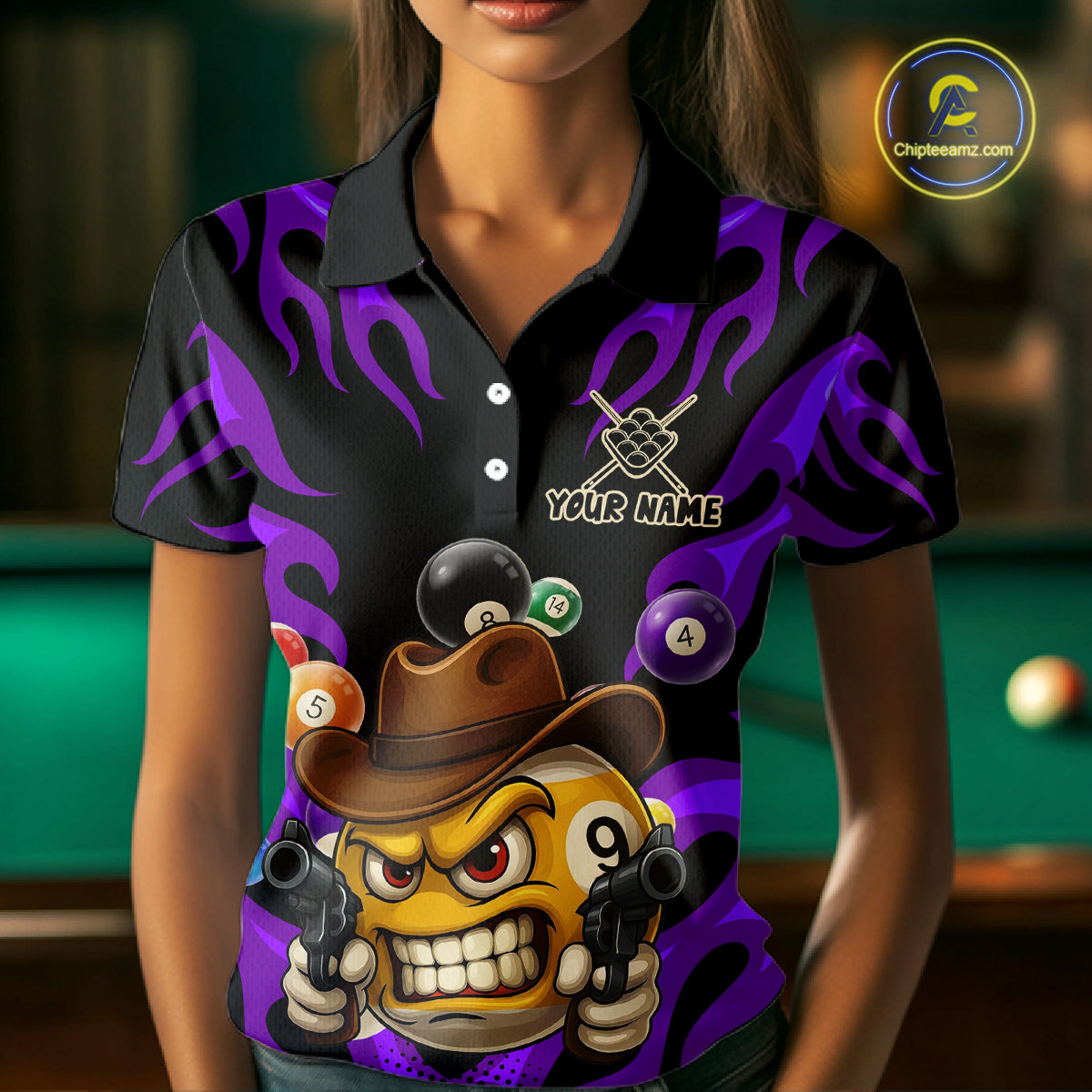 Personalized Purple Funny Flame 9 Ball Billiard Shirt For Women, Pool Team Jersey Polo & 1/4 Zip TDM4988