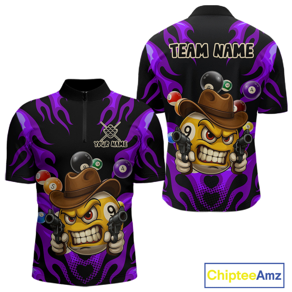 Personalized Purple Funny Flame 9 Ball Billiard Shirt For Men, Pool Team Jersey Polo & 1/4 Zip TDM4988