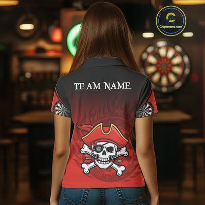 Red Black Funny Pirate Flame Skull Darts Shirt For Women Custom Dart Jerseys Team Polo & 1/4 Zip TDM5177